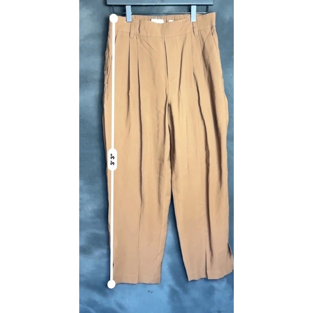Vince Pleated Tapered Trousers M Brown Tan High Rise Elastic Waist Slit Ankle - Picture 3 of 6